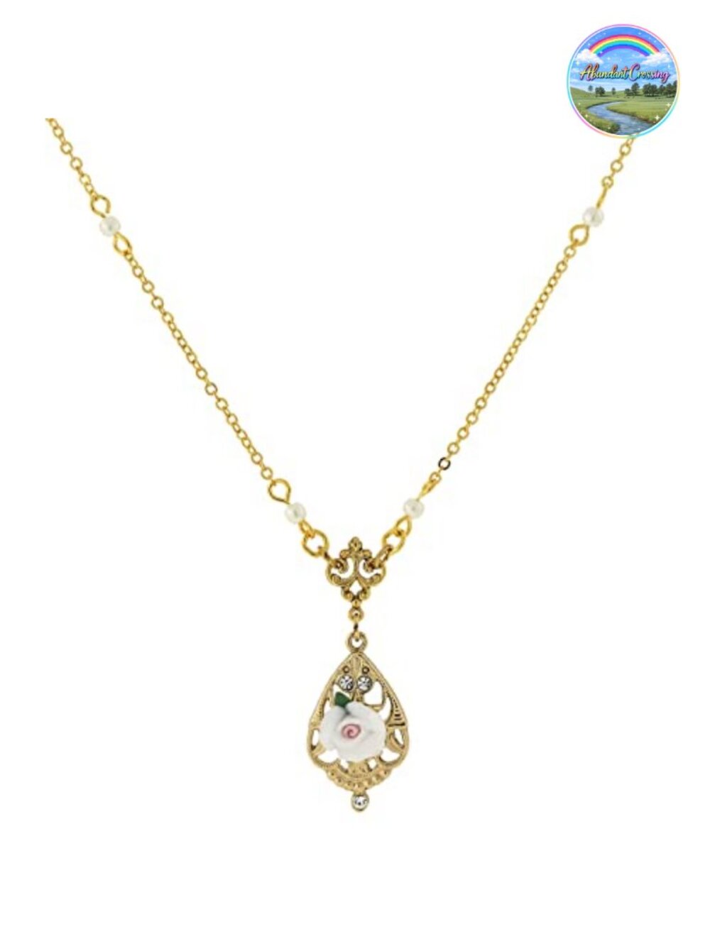 14K Gold Dipped Porcelain Rose Pendant Necklace Faux Pearl Accent 17"
